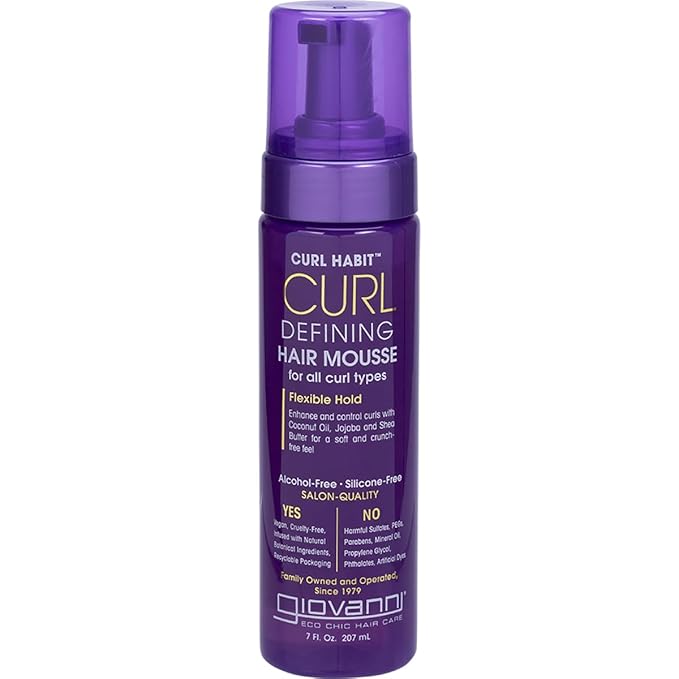 GIOVANNI Curl Defining Hair Mousse - Mousse for Curly Hair, Volumizing Hair Foam for Women & Men, Foaming Texture for Curls & Wavy Hair, Alcohol Free, Defining & Enhancing - 7 Fl Oz (Pack of 1)
