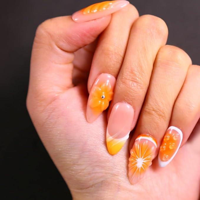 MAGLFELL Press on Nails Medium Length Almond Fake Nails, 3D Shell Nails Design,10 Pcs Reusable ABS Material Finger Painting Nail Tip Salon Artificial Nails for Women (Size L)