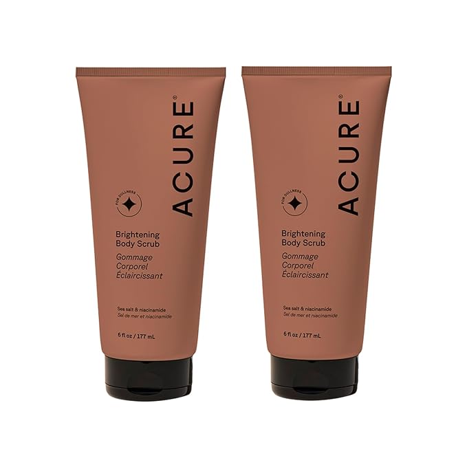Acure Brightening Body Scrub - Exfoliating Body Scrub with Sea Salt, Scrubber for Men & Women to Smooth Sensitive Skin & Remove Dead Skin Cells, Exfoliator with Clay & Niacinamide - 6 fl oz (2 Pack)