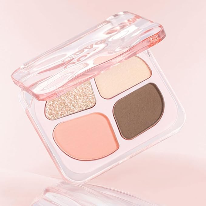 Peach Nude Mini Eyeshadow Palette – 4-Color Apricot & Cream Beige Matte Shades with Champagne Gold Glitter, High Pigment Long-Lasting Blendable Warm Brown Soft Glam Eye Shadow for Daily Natural Makeup