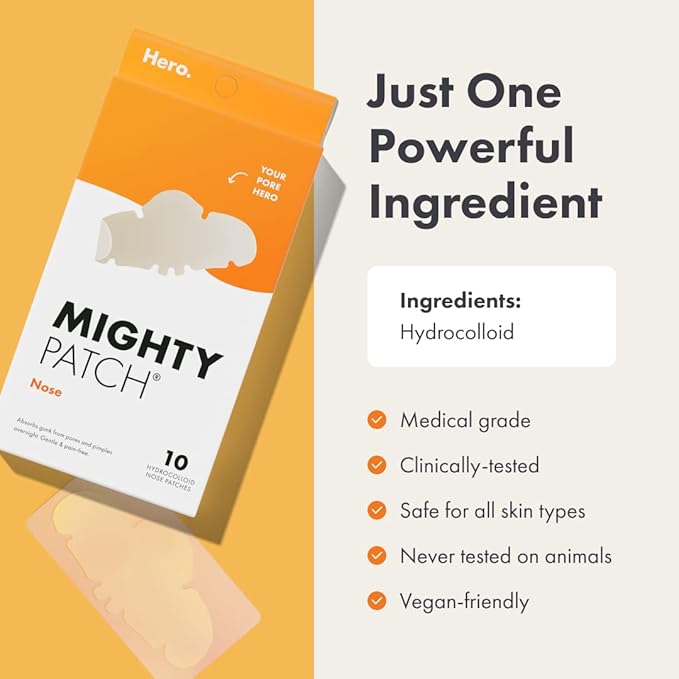 Mighty Patch Nose Pimple Patches from Hero Cosmetics, Large Hydrocolloid Pore Strips, Dermatologist Approved, Overnight, Pimple Stickers to Absorb Acne Nose Gunk, 10 Count