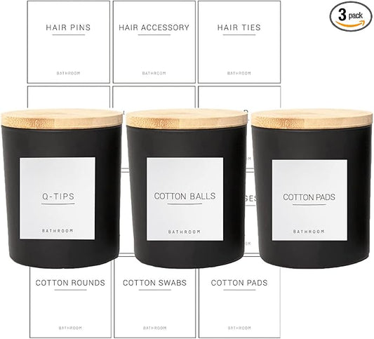 Ezebesta 3PCS Modern 13.53oz Black Bathroom Canisters with 12 Labels & Wooden Lid Thick Glass Jar Set Qtip Holder for Cotton Ball & Pads Storage Organization Minimalist Decor