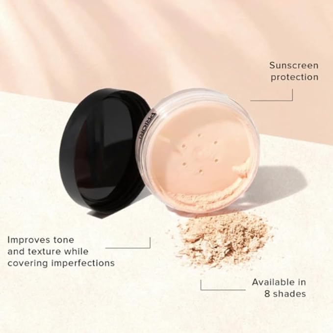 PRIORI Skincare Mineral Foundation, Natural Loose Make Up Powder, Sunscreen Protection, Advanced Skin Correction, Recommended for Sensitive Complexion (Light Beige, 7 Grams)
