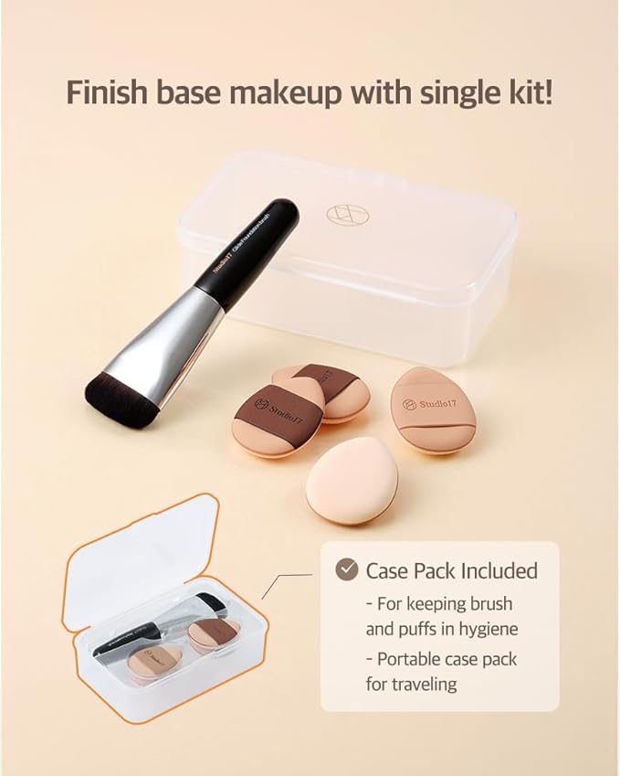 Studio17 Mini Flat Foundation Brush & Small Puff Set | Small Makeup Brush Set with 4 Mini Sized Puffs | Kit for Liquid Foundation Makeup for Base | 0.06mm Micro Synthetic Bristle & Case Pack Included
