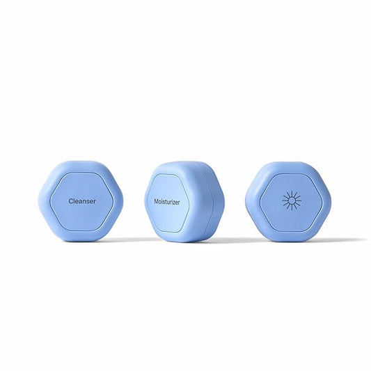 Cadence Travel Containers Basic Skincare Set - Magnetic Containers with Lids,Carry On Travel Essentials For Women/Men - 3 Small Capsules (0.56oz) - Cleanser, Moisturizer & Sun-Icon Labels - Pacific