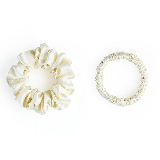 SILKLAB 22 Momme 100% Mulberry Silk Scrunchies (2 Pack, Cream White), Well-Hold Elastic for No-Damage, 6A, Soft Hair Ties, Reduces Frizz & Breakage, OEKO-TEX Certified
