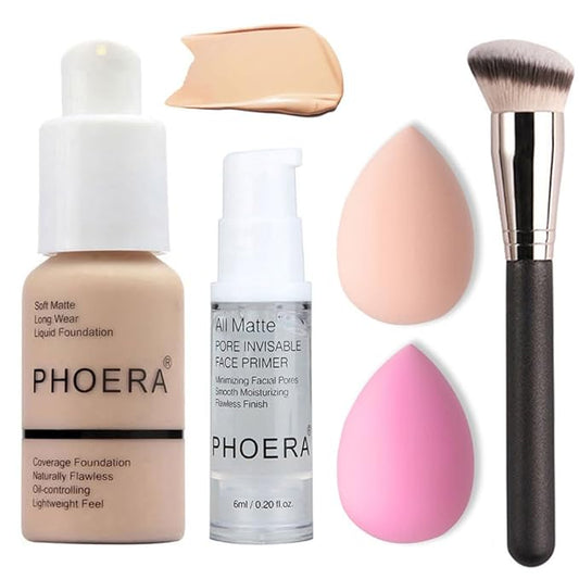 BestLand 5PCS Liquid PHOERA Foundation Set Matte Liquid Full Coverage Oil Control Breathable Invisible Cover Concealer with Face Primer, Foundation Brush, Makeup Sponge (102 Nude)