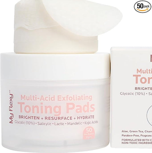 Multi Acid Toner Pads, Exfoliating Face Pads with Glycolic, Lactic, Mandelic, Kojic, & Salicylic Acid. Skin Pore Reducing, Toning, Resurfacing Facial Treatment for Wrinkles & Dull Skin - 50 Count