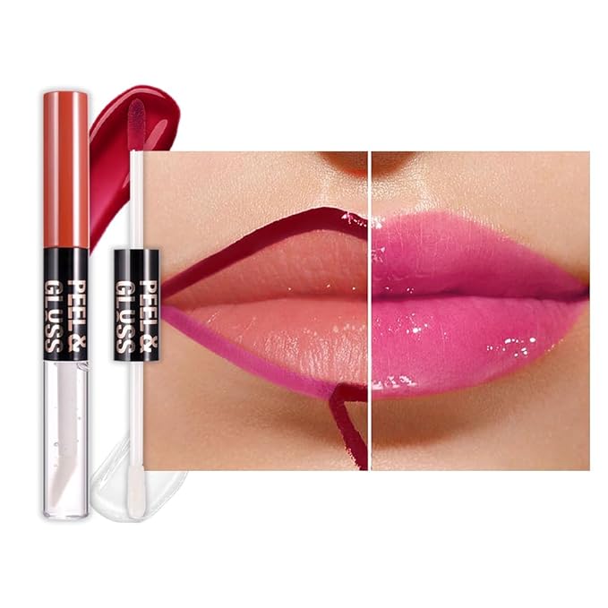JUAAZIN Lip Stain Peel Off Lip Gloss oil Dual-Ended Combo, Raspberry Peach Lips Liner Stain Peel Off Tattoo, Long Lasting & Waterproof, Transfer-Proof Lip Tint Stain with Lip oil for All Skin Type 03#