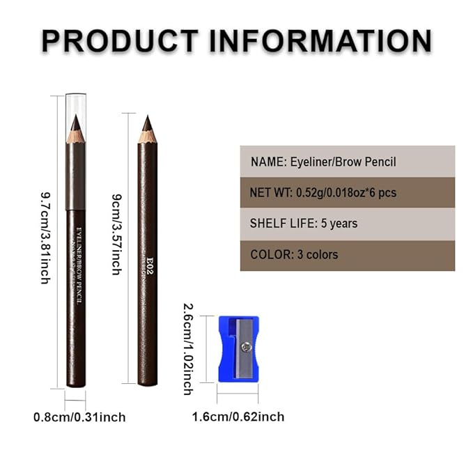 Eyebrow Pencils for Women with Sharpener, 6Pcs Hard-Core Wooden Eye Brow Eye Liner Pencils for Beginner Makeup, Waterproof & Sweat-Proof (6Pcs-Dark Brown)