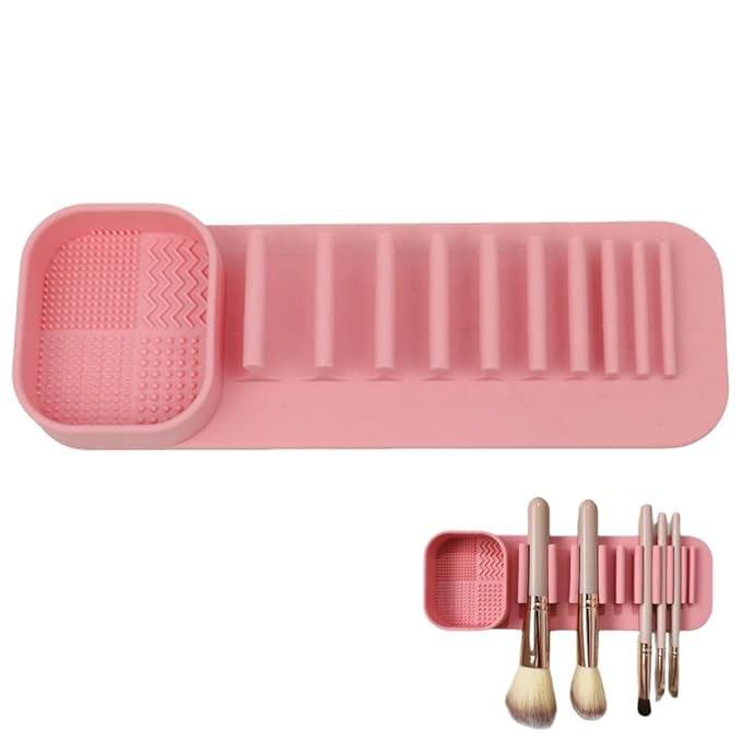 henshuo Suction Wall Makeup Brush Silicone Holder,Makeup Brush Drying Rack Suction Wall,Cosmetic Brushs Silicones Storage Rack,1 Piece,Pink