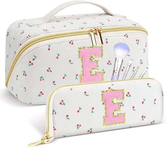 Personalized Travel Makeup Bag Set, Initial Cute Cherry Makeup Organizer Bag, Toiletry Skincare Cosmetic Bag, Valentine’s Day Gifts for Women/Girls, Open Flat Toiletry Pouch with Brush Pocket