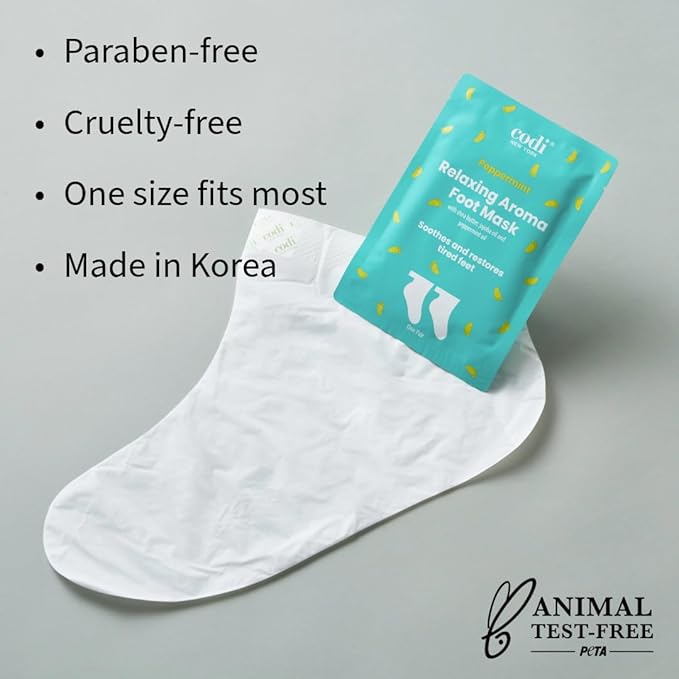 Codi New York Relaxing Aroma Foot Mask, Home Spa Pedicure Socks, 6 Pairs, For Dry Cracked Feet, Hydrating Foot Treatment, Made in Korea, Peppermint