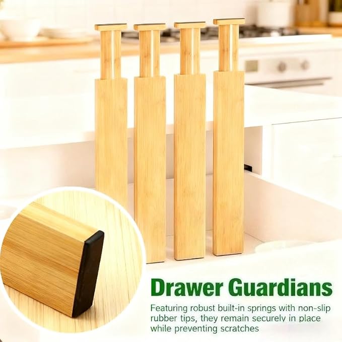 DZS Bamboo Drawer Organizer, 4-Pack Adjustable and Expandable Divider Insert for Kitchen, Bathroom, Office