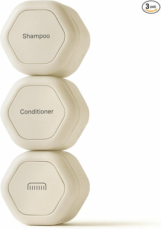 Cadence Travel Containers Haircare Capsule Set - Magnetic Containers with Lids,Carry On Travel Essentials For Women/Men - 3 Flex Mediums (1.32oz) - Shampoo, Conditioner & Comb Icon Labels - Sand