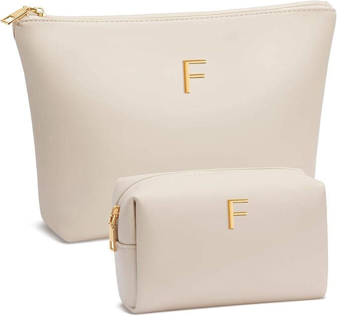 Women Gifts | Initial Makeup Bag Set for Girl Personalized Gifts for Bridesmaid Friend Graduation Teachers PU Leather Cosmetic Travel Toiletry Bag(Beige,F)