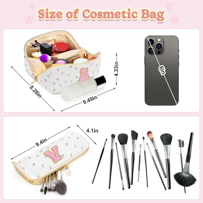 Personalized Travel Makeup Bag Set, Initial Cute Cherry Makeup Organizer Bag, Toiletry Skincare Cosmetic Bag, Valentine’s Day Gifts for Women/Girls, Open Flat Toiletry Pouch with Brush Pocket
