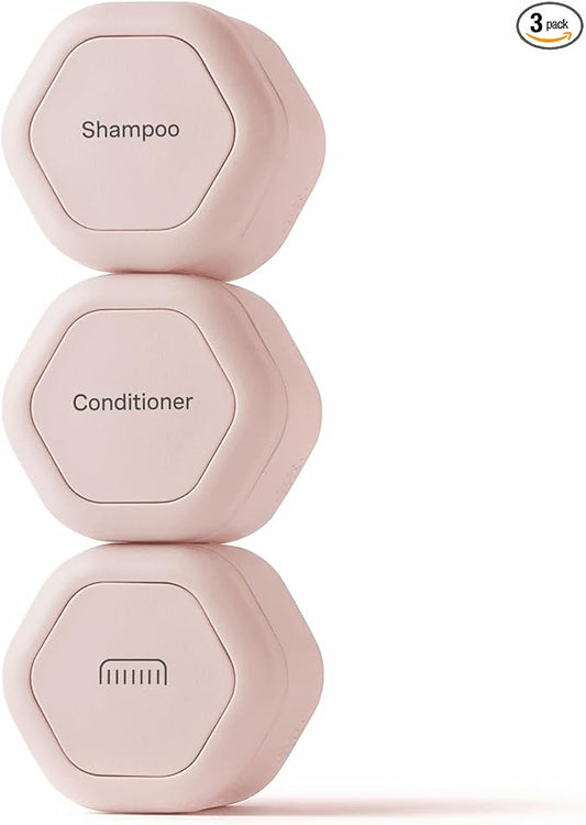 Cadence Travel Containers Haircare Capsule Set - Magnetic Containers with Lids,Carry On Travel Essentials For Women/Men - 3 Flex Mediums (1.32oz) - Shampoo, Conditioner & Comb Icon Labels - Petal