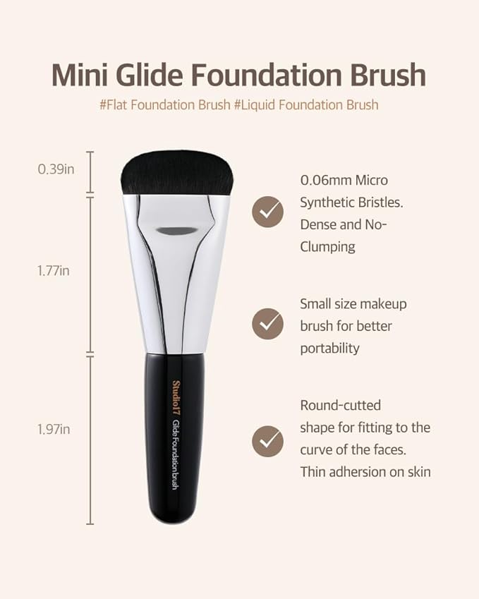 Studio17 Mini Flat Foundation Brush & Small Puff Set | Small Makeup Brush Set with 4 Mini Sized Puffs | Kit for Liquid Foundation Makeup for Base | 0.06mm Micro Synthetic Bristle & Case Pack Included
