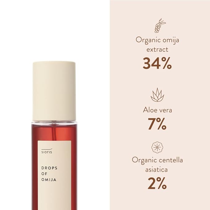SIORIS Drops of OMIJA Calming Mist 1.01 Fl Oz features 34% organic Omija, calming and rejuvenating The skin