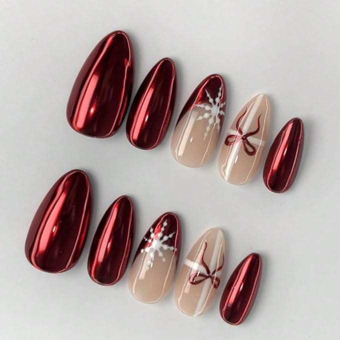 Christmas Press On Nails MAGLFELL Medium Length Almond Shape False Nails, Handmade Acrylic Gel Fake Nails with Art Designs, Reusable 10 Pcs 3D Nails for Women DIY Manicure Kit（Size L)
