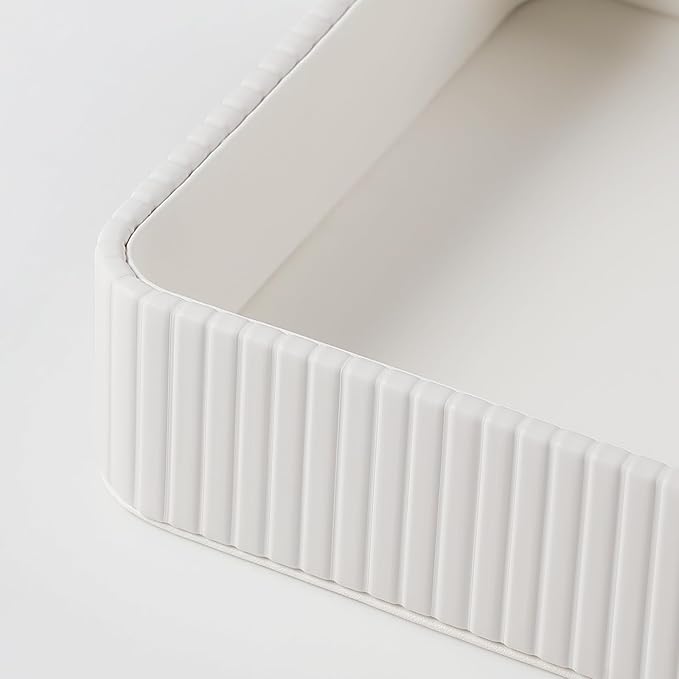 MEIBOOCH 2 Pack Nightstand Organizer Tray, Decorative Perfume Valet Tray Trinket Dish Catch All Purse Key Bowl, PU Leather Coffee Table Trays for Vanity Dresser Bedside Bathroom Countertop (Ivory)