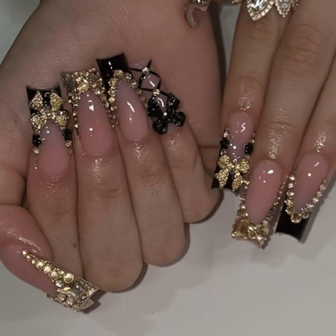 MAGLFELL Press On Nails - Handmade French Square Fake Nails, Luxury Cute Golden Bow and Diamond Design, Reusable Artificial Square False Nails for Women 10 Pcs 3D Acrylic Nails Kit (Size S)