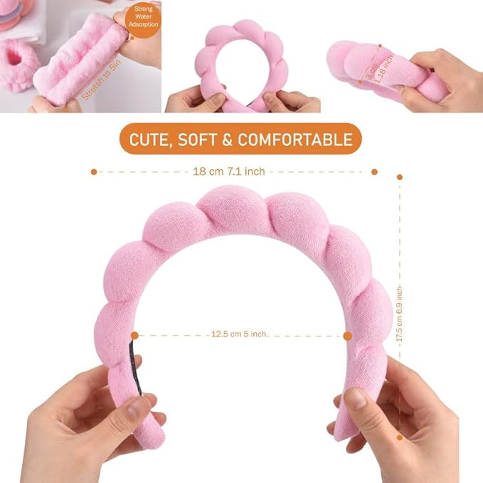 OCTAZI Soft Puffy Headband for Washing Face – Terry Cloth Skincare & Makeup Removal Hair Band for Women & Girls | Non-Slip Bubble Spa Headbands for Facial, Exfoliating, Bath & Beauty Routine