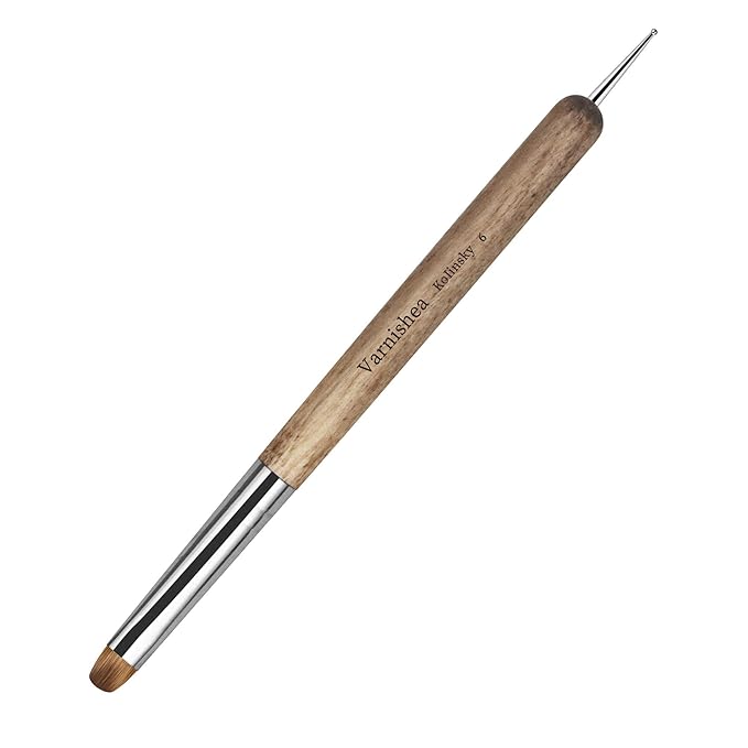 varnishea Kolinsky French Tip Nail Art Brush Solid Wood Handle Gel Acrylic Nail Dotting Tool for Manicure Clean Up and Dotting Manicure Tool Professional Nail Brush - Size 6, 1.0 Count