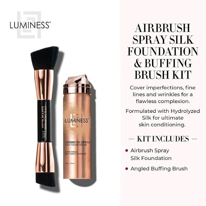 LUMINESS Face Time All In One Makeup Kit - Includes Face Palette, Airbrush Foundation, and Makeup Brush - Long-Wearing, Silky, Soft, Easy to Blend, 3-PC Make Up Set (03 - Light Medium)