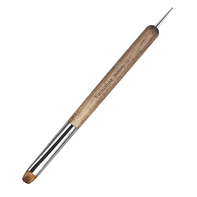 varnishea Kolinsky French Tip Nail Art Brush Solid Wood Handle Gel Acrylic Nail Dotting Tool for Manicure Clean Up and Dotting Manicure Tool Professional Nail Brush - Size 10, 1.0 Count