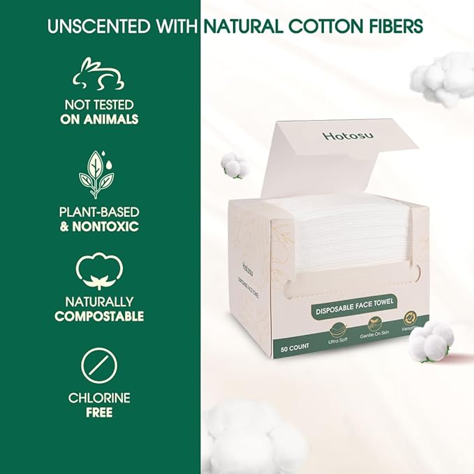 Hotosu Disposable Face Towelette 10 x 12" - Cotton XL Disposable Towel for Women - Clean Face Towels for Makeup Removal and Skin Care - Soft, Unscented and Gentle Formula Biodegradable Face Towels