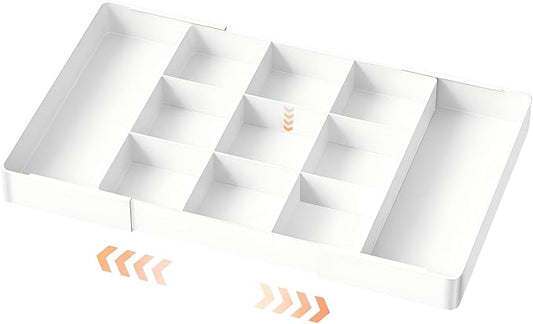 Expandable Desk Drawer Organizer, Acrylic Drawer Organizer Trays with 11 Adjustable Compartments 6 Removable Dividers Desk Accessories for Makeup Utensil Junk Office Kitchen Bathroom ( White, 1Pcs )