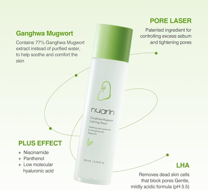 NUARIN Ganghwa Mugwart Calming Toner 200ml / 6.76 fl.oz | 77% Ganghwa-Origin Mugwort Extract | LHA Exfoliating Toner for Pore & Sebum Care | Vegan | Korean Skincare