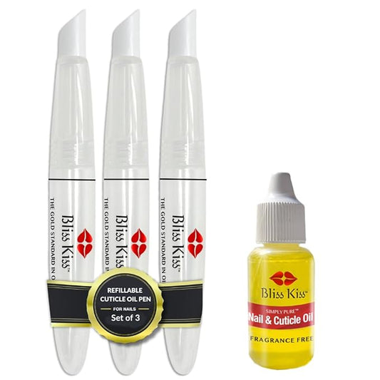 Bliss Kiss Simply Pure Dropper with Refillable Cuticle Squeeze Pen 3-Pack Kit (Fragrance Free, 3-Pens)