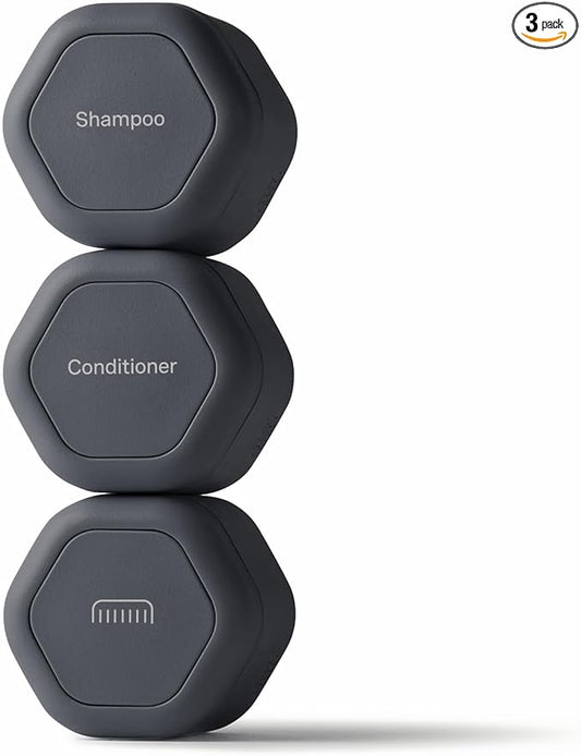 Cadence Travel Containers Haircare Capsule Set - Magnetic Containers with Lids,Carry On Travel Essentials For Women/Men - 3 Flex Mediums (1.32oz) - Shampoo, Conditioner & Comb Icon Labels - Charcoal