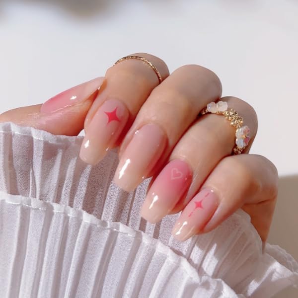 Baby Pink Semi Cured Gel UV Nail Stickers with Stars + Manicure Kit - 24 pcs Trendy Style Gel Polish Strips, 60s UV Gel Nail Strips, Salon Quality, Girl Coquette Nail Decal Wraps Durable up to 3-Weeks