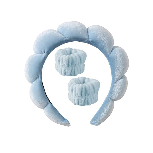 Spa Headband for Washing Face Wristband Set Sponge Makeup Skin Care Terry Cloth Bubble Soft Get Ready Hairband Women Girls Puffy Padded Headwear Non Slip Thick Hair Accessory (Blue)
