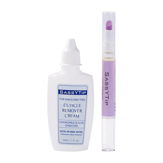 SASSYTIP Cuticle Care Duo: Cuticle Remover Gel & Ceramic Pusher Pen | Instant Dead Skin Removal & Deep Hydration | For Salon-Smooth Nails, Gel & Press-On Prep | 1 fl oz + 2ml Oil Pen (Purple&Gel)