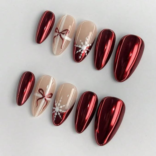 Christmas Press On Nails MAGLFELL Medium Length Almond Shape False Nails, Handmade Acrylic Gel Fake Nails with Art Designs, Reusable 10 Pcs 3D Nails for Women DIY Manicure Kit（Size L)
