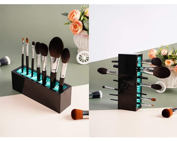 Makeup Brushes Holder Organizer, Silicone Vanity Air Drying Rack Display Storage for Brush, Eyeliners and More, Practical Cosmetic Tools Container (Pink-White)