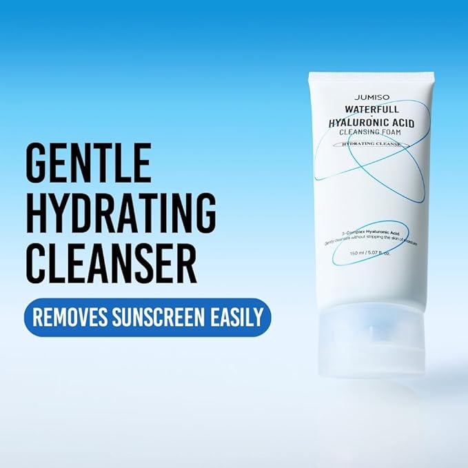 JUMISO Waterfull Hyaluronic Acid Cleansing Foam - Korean Face Wash 3-Complex Hyaluronic Ceramides LHA Gentle Exfoliating Hydrating Cleanser All Skin Types Non-Stripping 5.07 oz