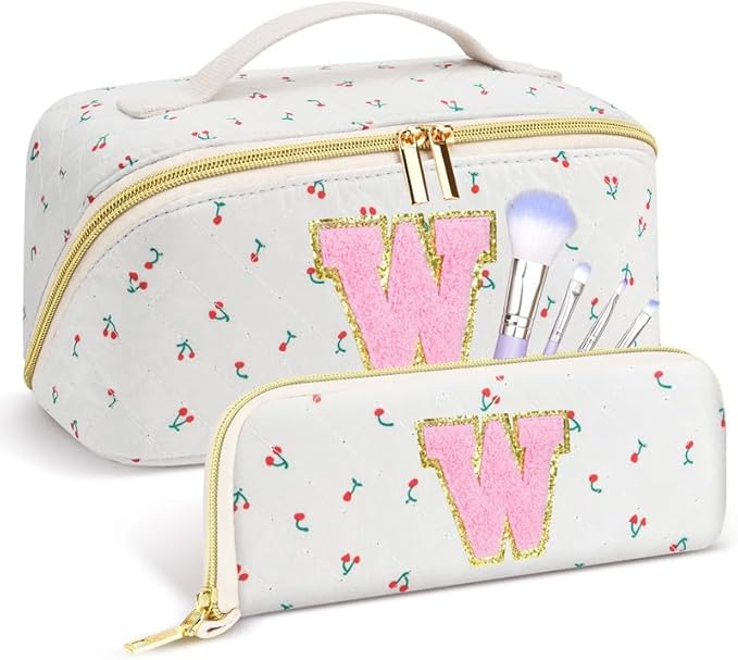 Personalized Travel Makeup Bag Set, Initial Cute Cherry Makeup Organizer Bag, Toiletry Skincare Cosmetic Bag, Valentine’s Day Gifts for Women/Girls, Open Flat Toiletry Pouch with Brush Pocket