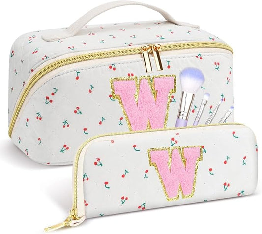 Personalized Travel Makeup Bag Set, Initial Cute Cherry Makeup Organizer Bag, Toiletry Skincare Cosmetic Bag, Valentine’s Day Gifts for Women/Girls, Open Flat Toiletry Pouch with Brush Pocket