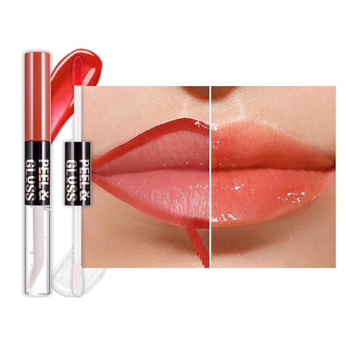 JUAAZIN Vivid Apricot Lip Stain Peel Off Lip Gloss oil Dual-Ended Combo, Lips Liner Stain Peel Off Tattoo, Long Lasting & Waterproof, Transfer-Proof Lip Tint Stain with Lip oil for All Skin Type 01#