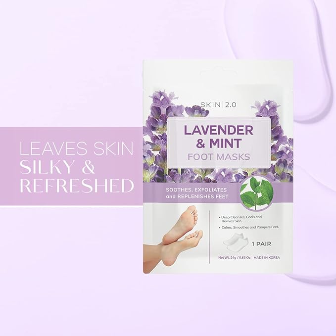 Skin 2.0 Lavender & Mint Foot Masks - Relieves Swollen Feet, Removes Odor, Relaxing & Hydrating - Dermatologist Tested Korean Skincare - Clean Beauty, Cruelty-Free, All Skin Types - 3 Pairs