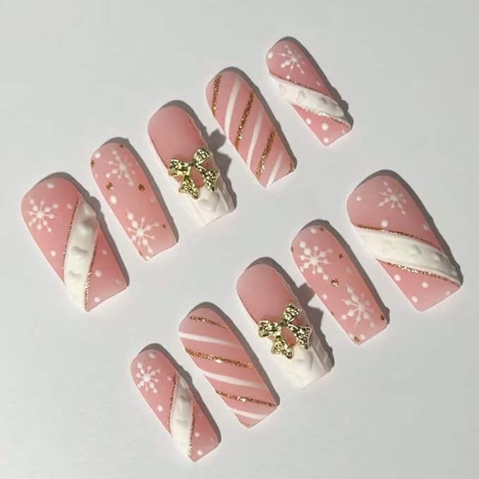 MAGLFELL Press On Nails Handmade Square Fake Nails, Painting Snowflakes and Gold Plated Bow Design,10 Pcs Reusable ABS Material Acrylic Fingernail Tip Salon Artificial Nails Kit (Size M)