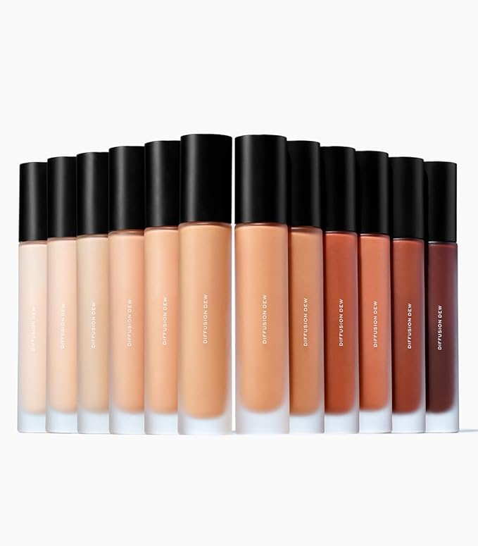 MAKE Beauty Diffusion Dew Skin Tint. Sheer to Medium Coverage Radiant Finish. Blurring, Smoothing, and Brightening for Glowing Complexion. Enhanced with Niacinamide and Adenosine. Ginger 04