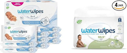WaterWipes Bundle, Original 540 Count (9 packs) & Textured Clean Wipes 240 Count (4 packs), Plastic-Free, 99.9% Water Based Wipes, Unscented, Hypoallergenic for Sensitive Skin, Packaging May Vary
