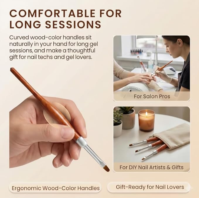 3PCS Nail Art Clean Up Brushes, Round/Angled/flat Acetone Resistant Gel Nail Polish Remover Brush, Nail Brushes for Tidying Up Polish Mishaps on Cuticles, and Nail Art Designs（Wood color）